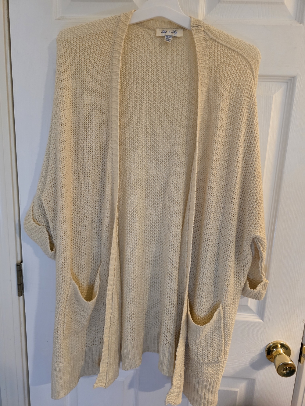 She + Sky Cream Open-Front Knit Cardigan with Pockets